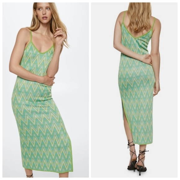 New Mango Chevron-Print Lurex Knit Midi Dress NWT Size 4 US / Small - Picture 1 of 9